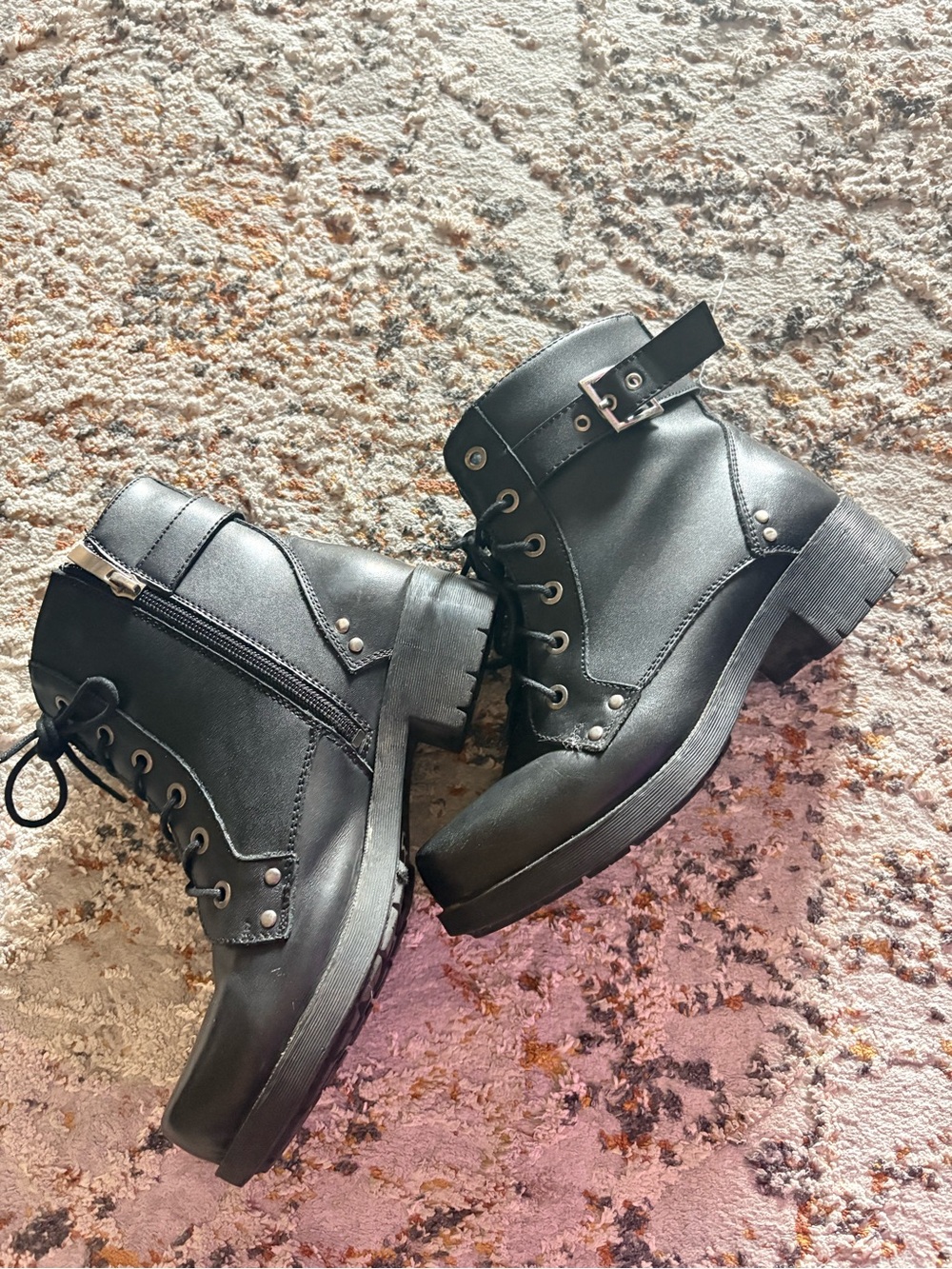 Women's Black Combat Ankle Boots with Lug Sole and Buckle